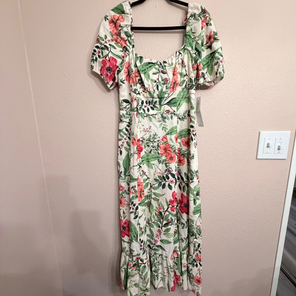 London Times Floral Linen Blend Empire Waist Midi Dress Cream Pink Puff Sleeve 8